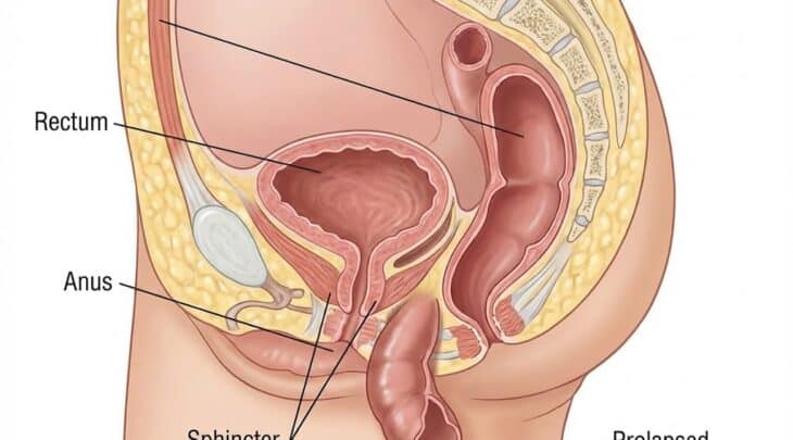 איור רפואי אנטומי המדגים מצב של צניחת רקטום בחתך צד
